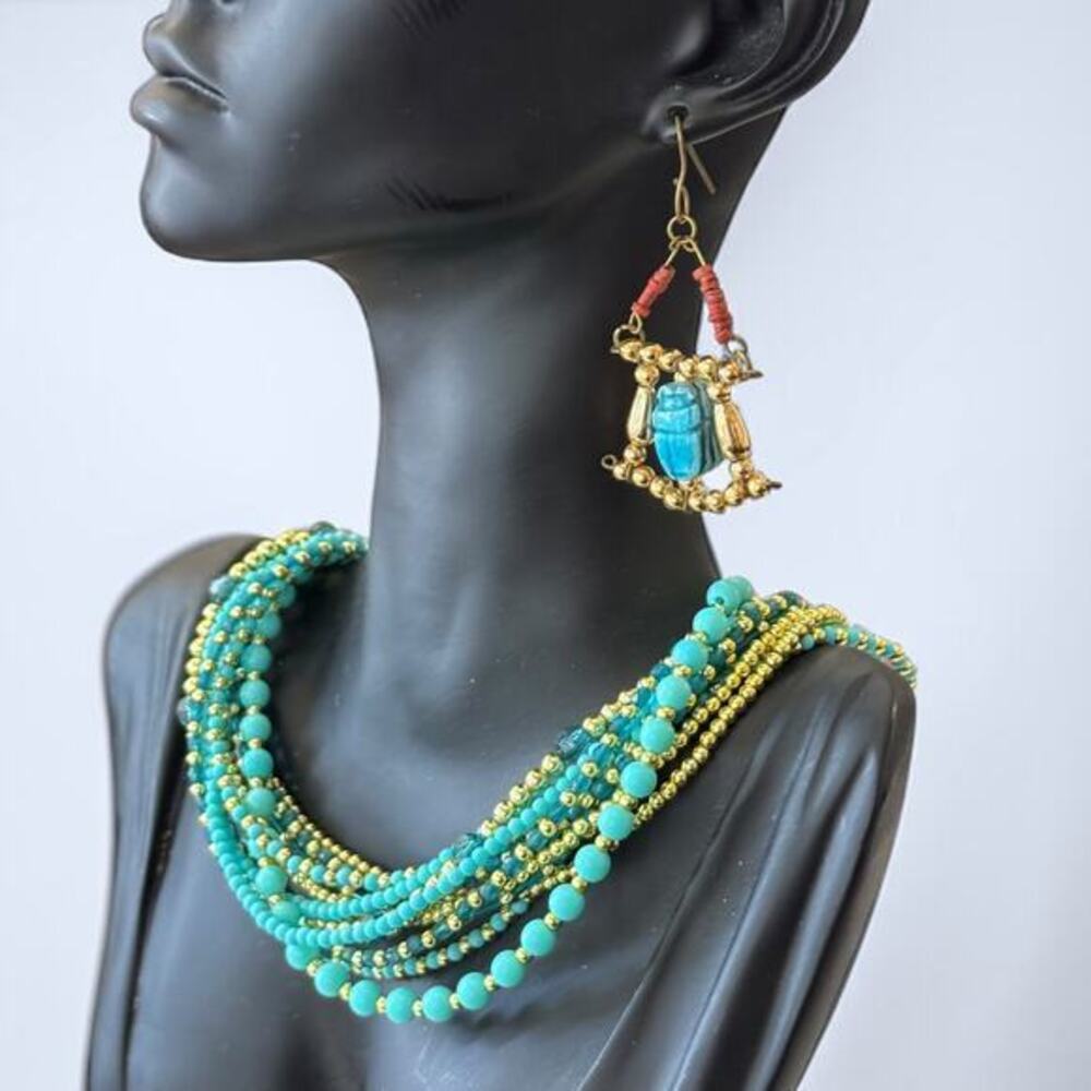 Vintage Multi-Strand Turquoise & Gold Tone Bead Necklace Hanging Scarab Earrings